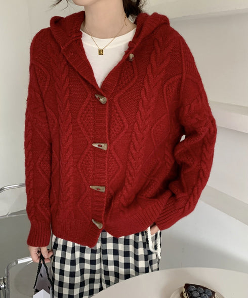 フード付きホーンボタンニットジャケット